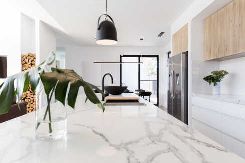 Completed kitchen with marble stone countertop